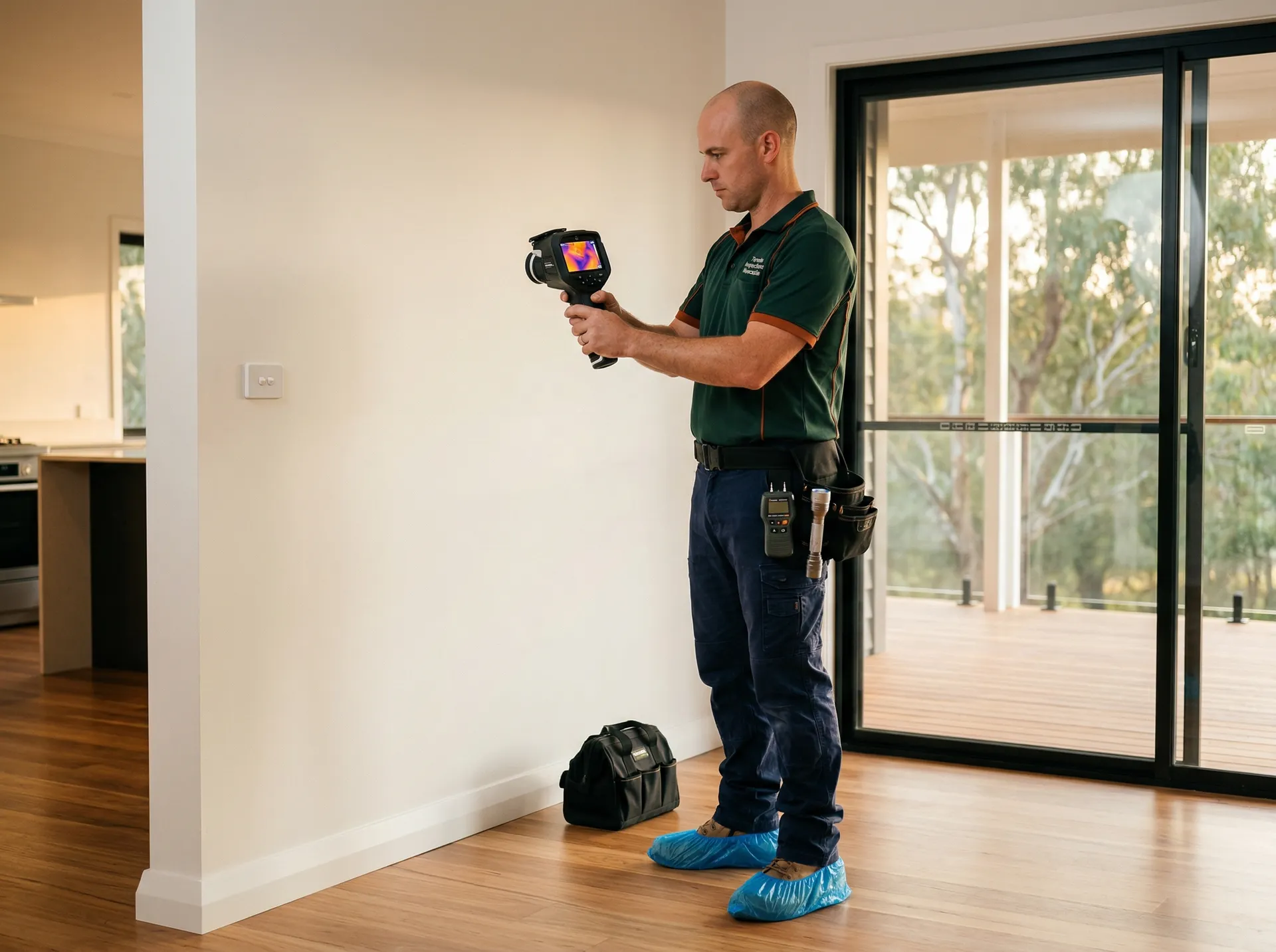 Inspector using a thermal imaging camera to inspect a Newcastle home